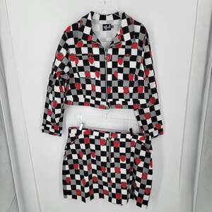 Hell Bunny 4XL 2pc Cropped Jacket & Skirt Set Check Strawberry Stretch Twill